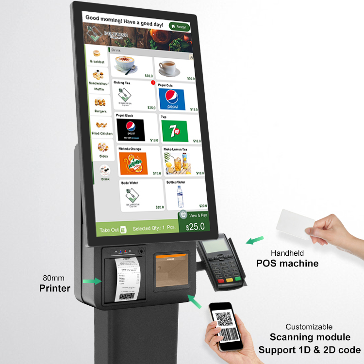 23.8-inch Touchscreen Self Checkout POS Machine, Multifunctional Payment Kiosk with Barcode Scanner and Receipt Printer